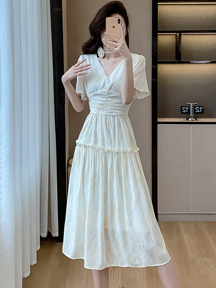 Summer White Jacquard Floral Short Sleeve V-Neck Midi Dress Women Elegant Ruffled Pleated Dress 2025 Korean Bodycon Party Dress