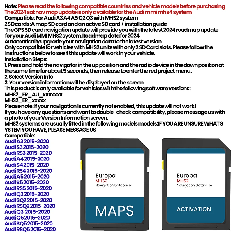 2024 GPS SD Card for Audi MMI MHS2 A3/A4/A5/Q2/Q3 Navigation SD Card Satellite Map Update