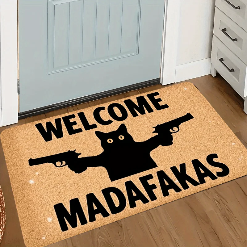 Welcome MadaFakas Cat With Guns Printed Flannel Doormat Funny Humor Mat For Front Door Entryway Indoor Outdoor Pet Lover Gift