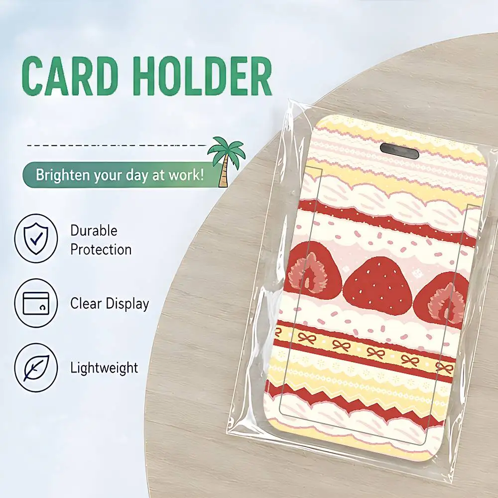Cream Strawberry Cake Lace ID Card Holder Cute PVC Badge Holder Cartoon Card Cover Student ID Bus Card Case With Clear Window