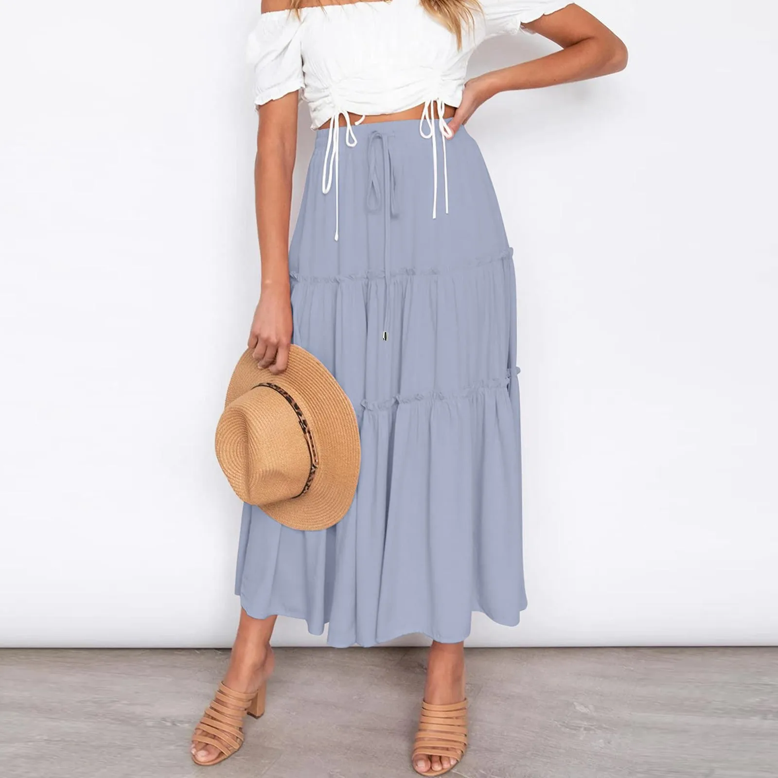 

Long Skirts For Women Fashion 2024 Women Solid Color Pleated Skirt Elegant Elastic Waist Long A-line Skirt For Summer Autumn