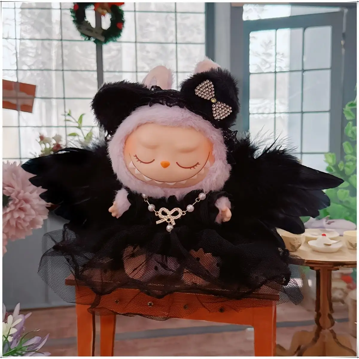 Labubu-caja ciega de vinilo de primera y segunda generación, ropa para muñeca de 17CM, conjunto de cinco piezas, vestido de diablo, colgante de vestido de novia negro