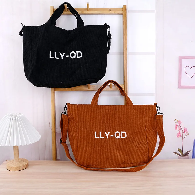 Korean Style Large Capacity Corduroy Shoulder Bag Personalized Embroidered Art Canvas Handbag Retro Casual Shopping Tote