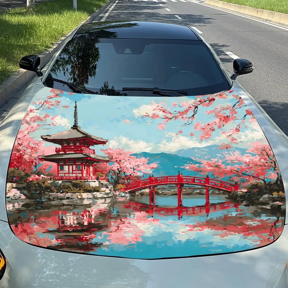 

Виниловая наклейка с японским архитектурным пейзажем - подходит для обертки на капот автомобиля, прочная наклейка на внешний капот автомобиля из ПВХ с ярким заплатком