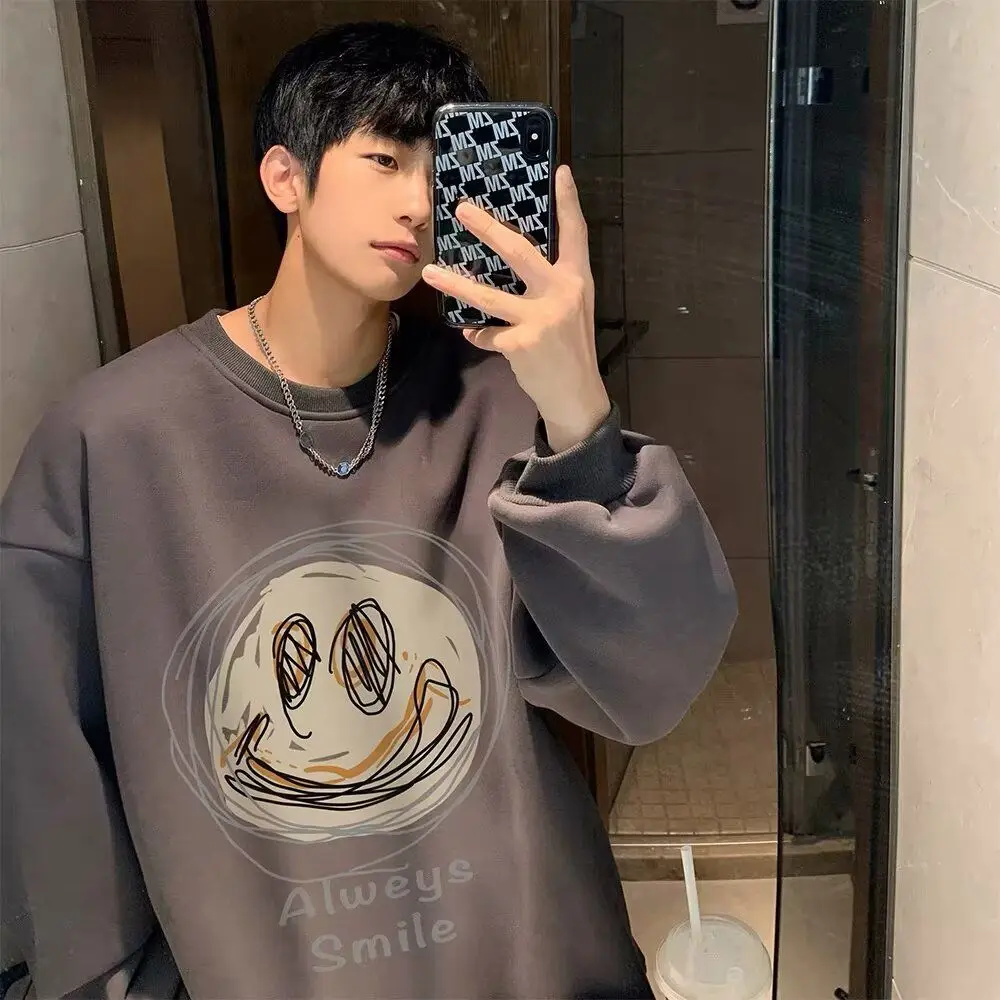 인스 트렌디 홍콩 스타일 빈티지 루즈핏 라운드넥 맨투맨, 그래피티 웃는 얼굴 프린트 캐주얼 플러스 사이즈, 긴팔