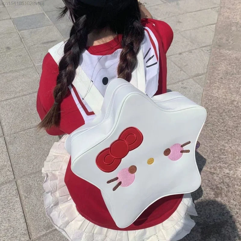 Sanrio Hello Kitty Cute Star Anime Small Aesthetic Backpack Girl Y2k PU Leather Kawaii Whtie Laptop Backpack Female School Bags