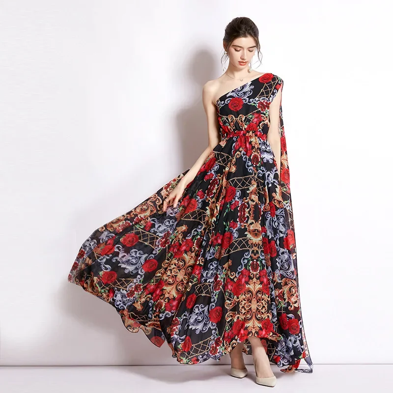 Blossom Printed One Shoulder Lace Up Maxi Chiffon Dress