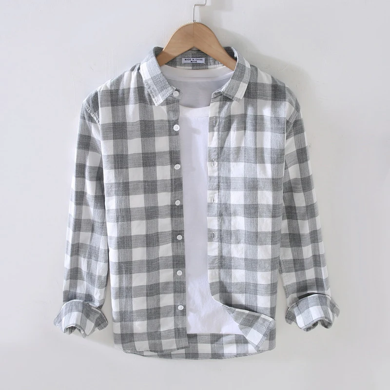 

Simple Plaid Cotton Long Sleeve Men's Shirts Spring Summer New Casual Square Collar Trendy Top Breathable Fashion Youth Shirts
