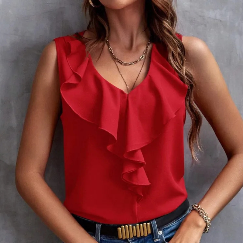 Elegant Rose Red Pullover Top 2024 Summer Fashion Versatile New Solid Color Lace V-neck Sleeveless Women\'s Orange Shirt Tops