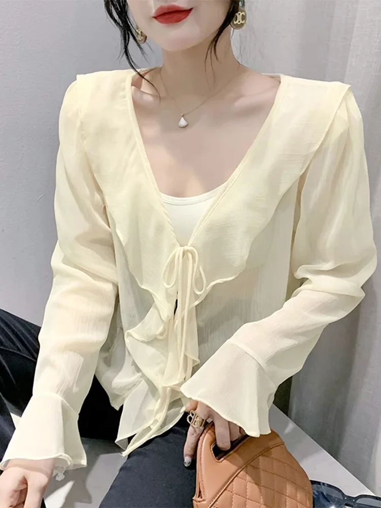 Winsleter Streetwear Clothes Chiffon Blouses Short Sleeve Shirts Ladies Sexy Ruffle V Necks Slim Thin Tops New T36918JM