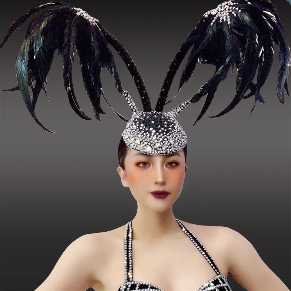 Nieuwe Prestaties Kostuum Zangeres Nachtclub Bar Jurk Perspectief Mesh Sexy Veer Hoofddeksels GOGO Dance Team Show Bikini