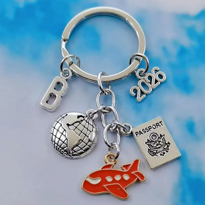 New fashion A-Z letter earth plane key chain, nowhere to live, travel key chain, friendship, best friend, jewelry,