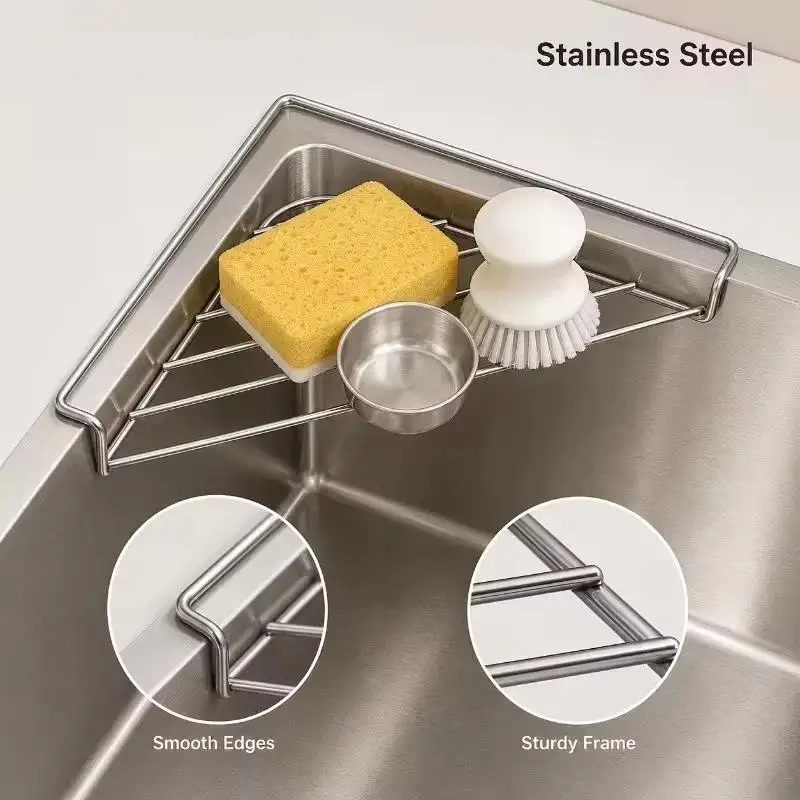 201 Stainless Steel Sink Corner Drain Rack Rustproof Triangle Kitchen Storage Organizer Space Saving Over Sink..