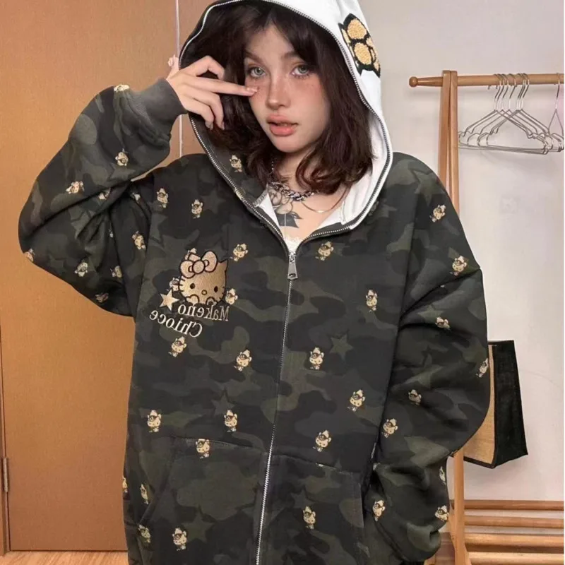 New Y2k Sanrio Hello Kitty Zip Up Hoodies Women Plush Cute American Oversize Embroidery Sweater Trendy Chic Cardigan Streetwear