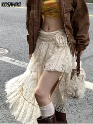 Lace Crochet Irregular Streetwear Sweet Skirts Y2k Aesthetic 3D Flower High Waist Skirt Ruffled Women Fairy Sexy Harajuku Faldas