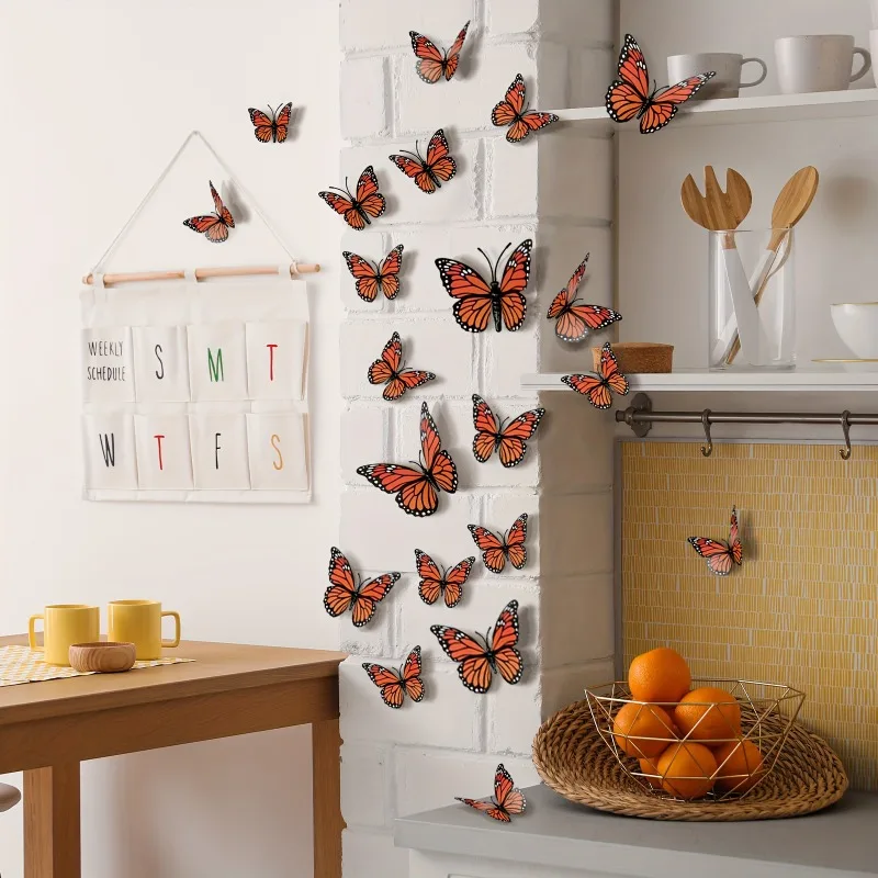 12pcs 3D Monarch Butterfly Wall Decals - PVC Plastic Butterflies for Home and Party Decor, Ideal for Weddings, Birthdays