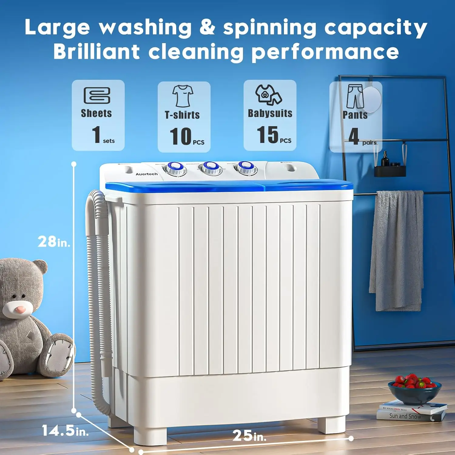 Portable Washing Machine 20lbs Twin Tub Washer Mini Compact Laundry Machine with Drain Pump Semi-automatic 12lbs Washer