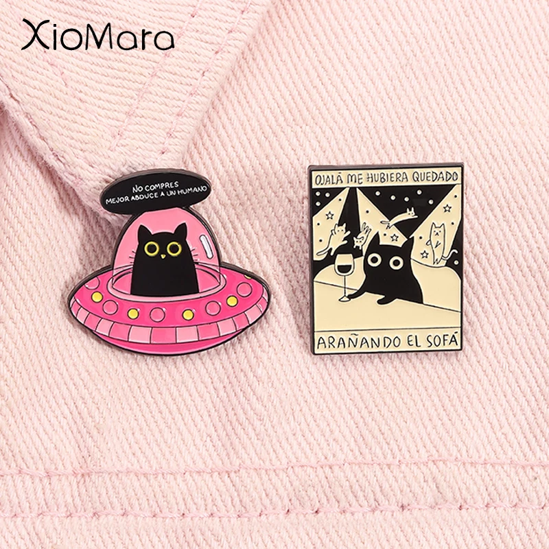 

Cartoon Black Big Eyes Cat Enamel Pin Pink Spaceship Alien Kitten Brooches Lapel Backpack Badge Funny Jewelry Gifts For Friends