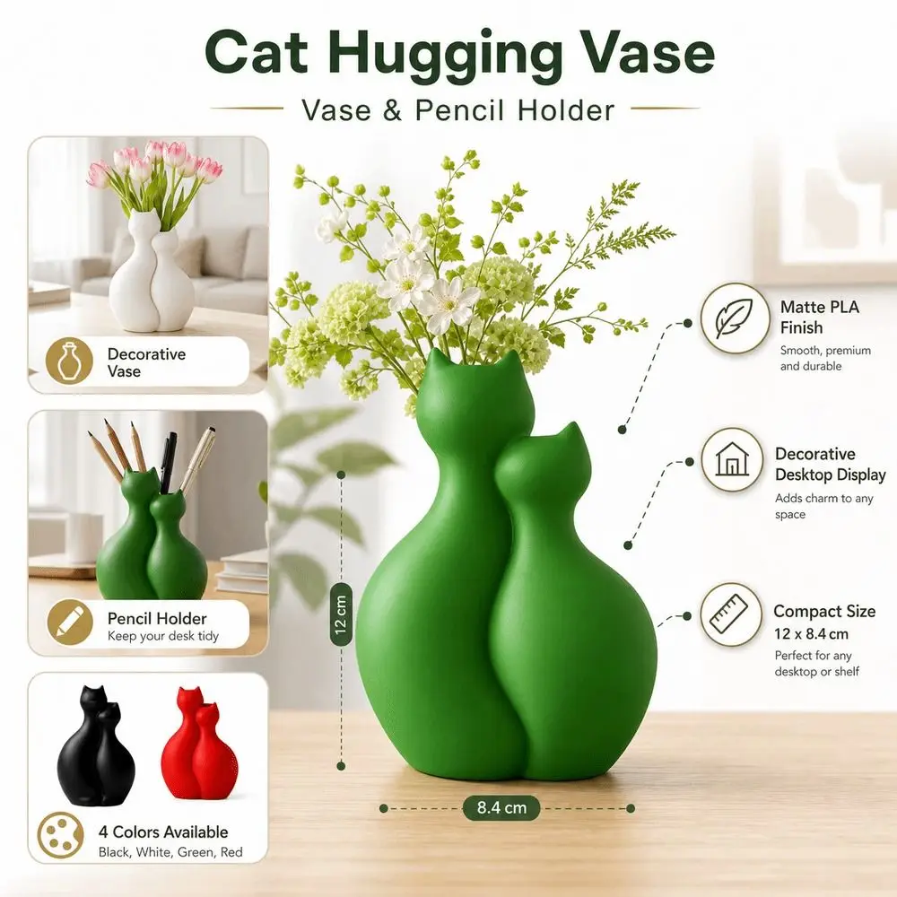 Gifts 3D Printed Cat Hugging Vase Funny Cat Desk Ornament Cat Sculpture Artistic Style Pencil Storage Display Desktop Display