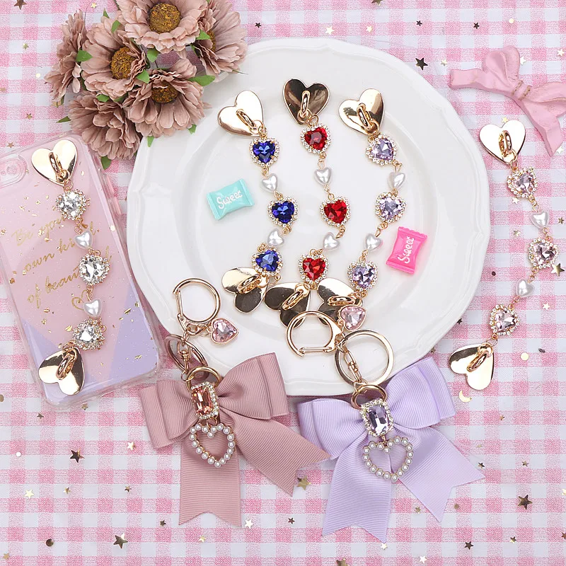 

Handmade Japanese mines girl sweet and cute Lolita loves rhinestone bow mobile phone pendant based mobile phone chain for women