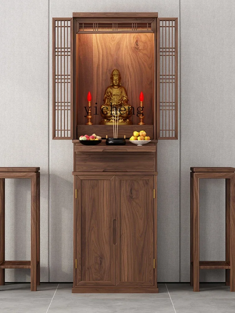 ZC Modern Buddha Niche New Chinese Style Clothes Closet with Door Living Room Home Black Walnut Altar Cabinet