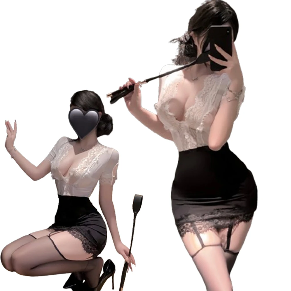 

Seductive Sheer Lace OL Secretary Cosplay Outfit Deep V-Neck Top Bodycon Mini Skirt Elegant Intimate Nightwear Romantic Evenings