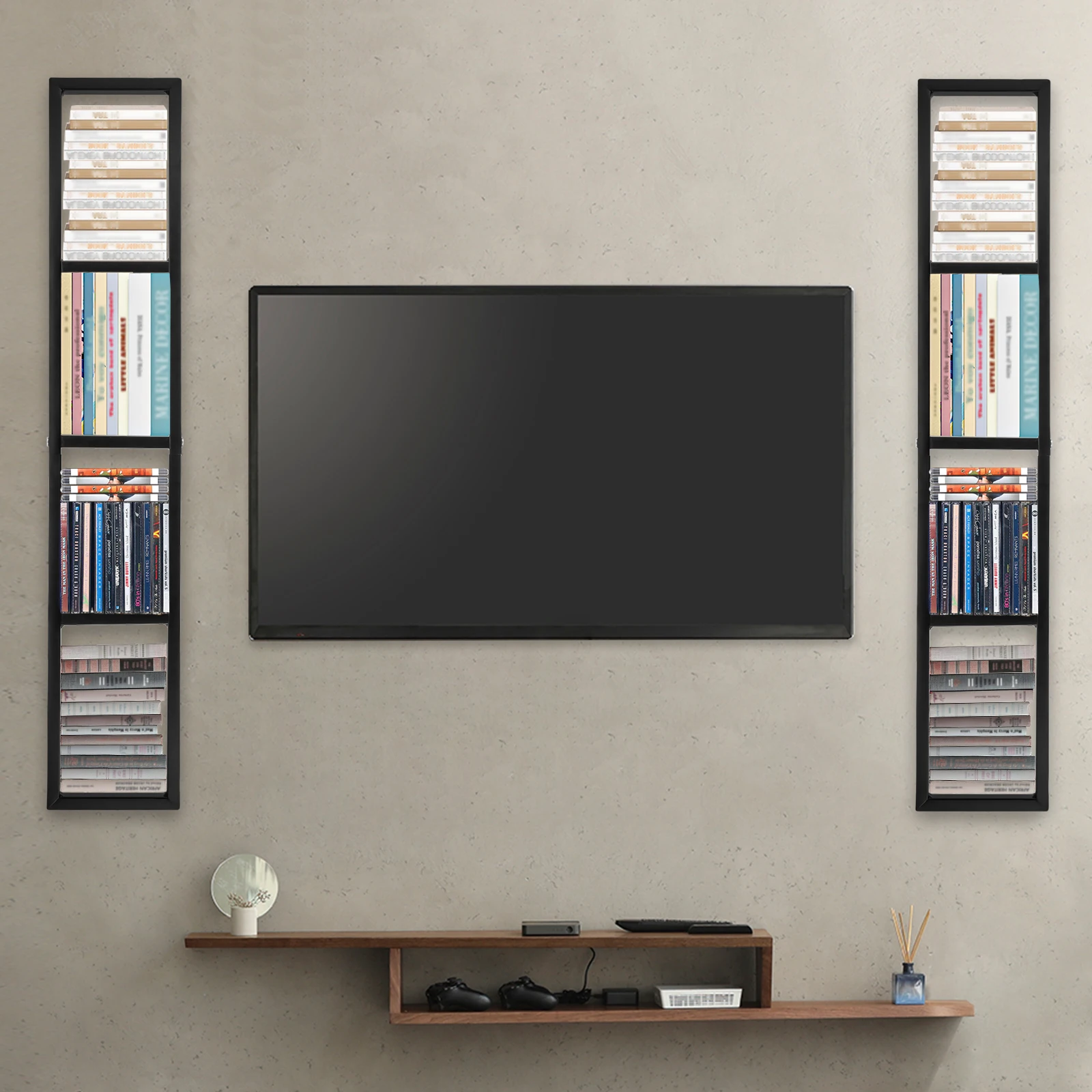 قطعتان من رفوف تخزين الأقراص المضغوطة المعدنية مقاس 34 بوصة، باللون الأسود، قابلة للتركيب على الحائط لتوفير المساحة، تحمل ألعاب CD/DVD/الفيديو، لمراكز الوسائط المنزلية