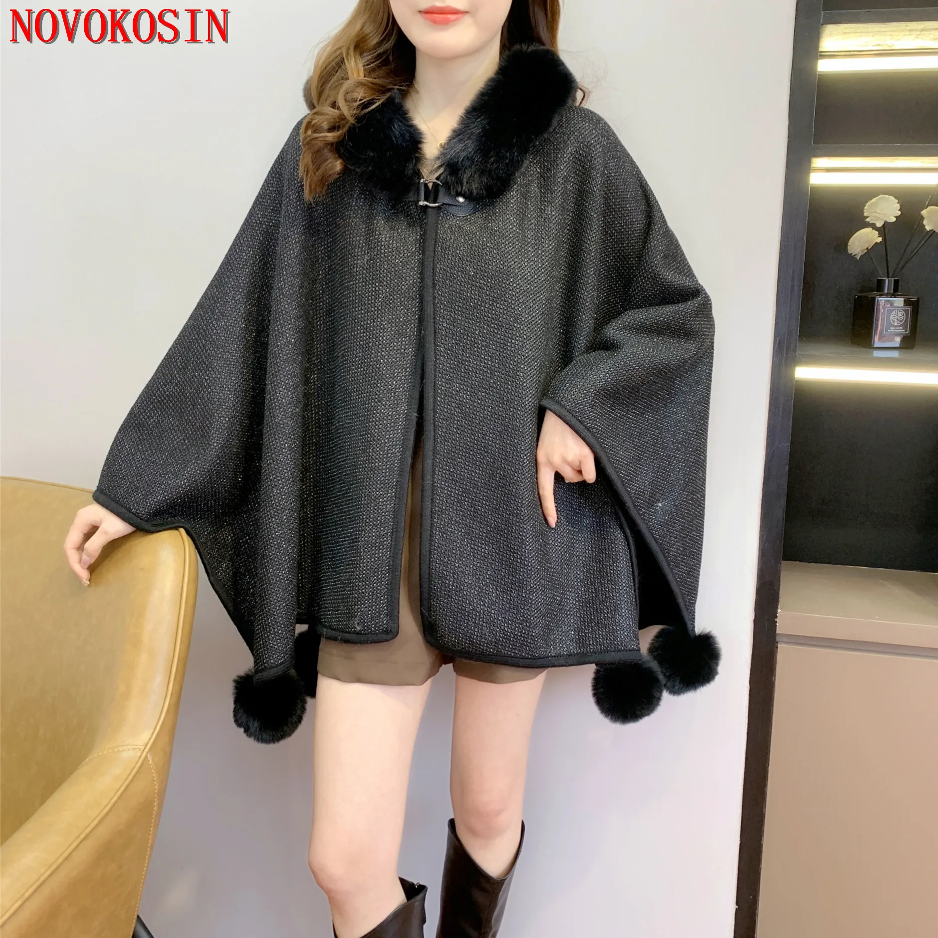 6 Colors Women Winter Thick Lining Velvet Shawl Capes Faux Rabbit Fur Ball Loose Streetwear Plus Long Female Horn Button Coat