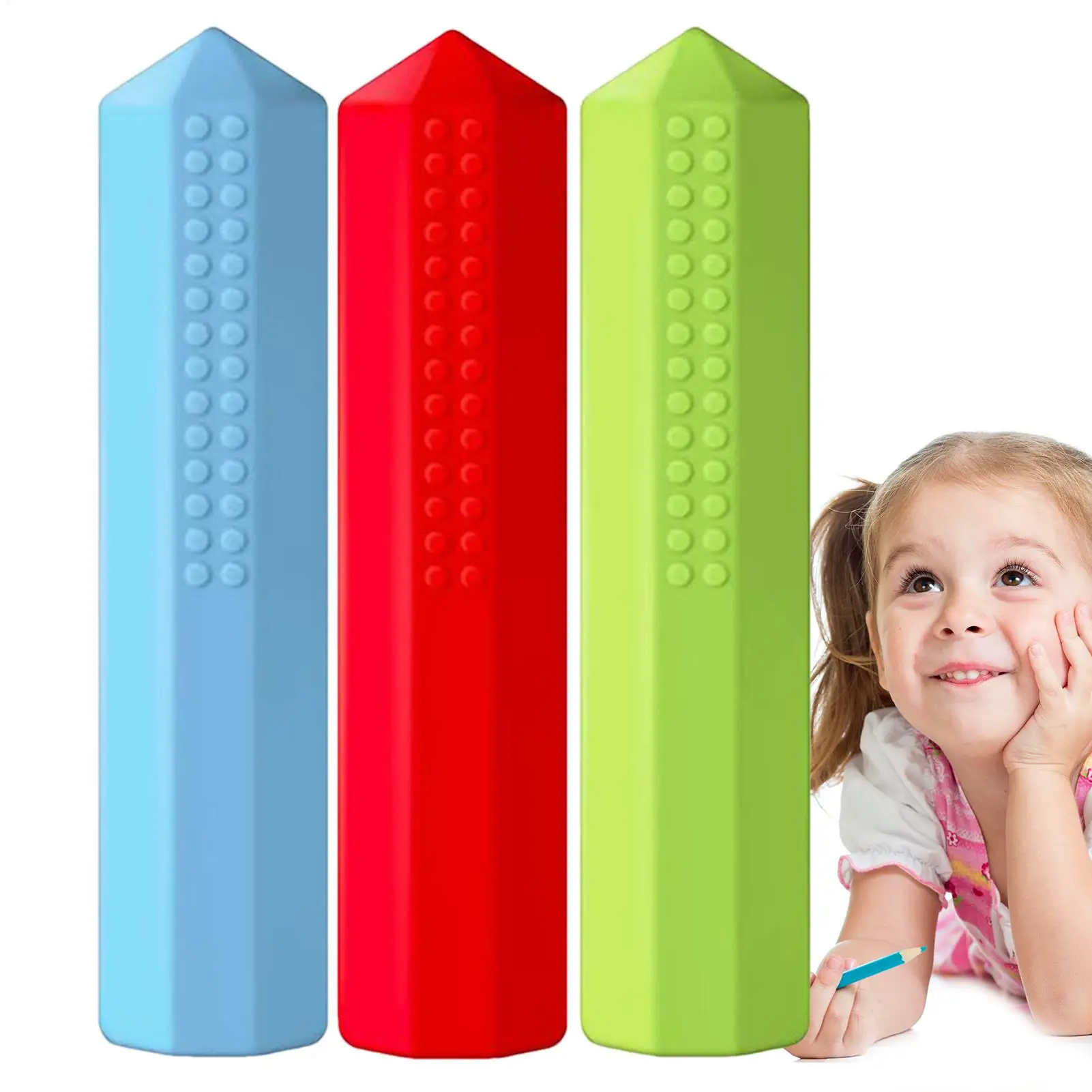 Pencil Toppers for Sensory Kids 3-Piece Silicone Fidgeting Chewy Pencil Tubes Set Colored Calming Pen Toppers for Teens Children