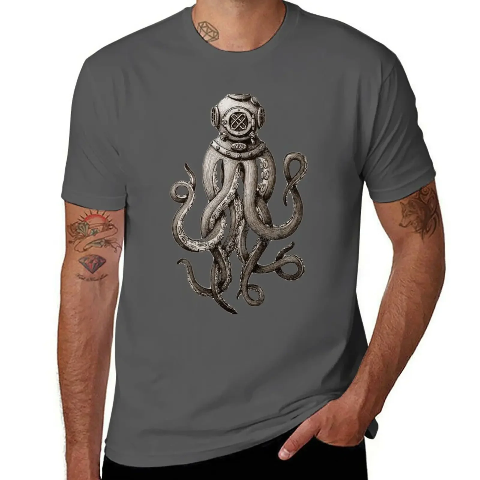 Strange Vintage SCUBA Diving Octopus Kraken T-Shirt sweat plus sizes clothes for men new in tops & tees vintage Informal Outfits