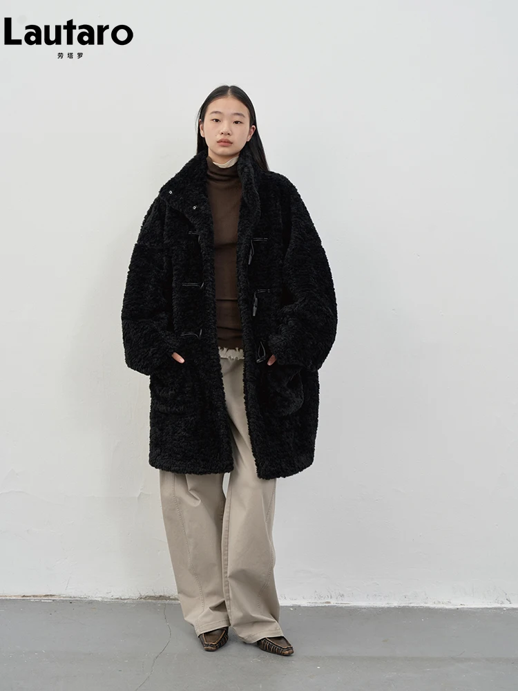 Lautaro Autumn Winter Oversized Long Thick Warm Soft Fuzzy Faux Fur Coat Women Horn Buttons Pockets Luxury Designer Clothes 2023