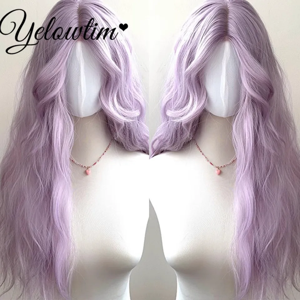 YELOWTIM Synthetic lace purple wig women's full head cover eight character bangs big waves curly long hair cosplay