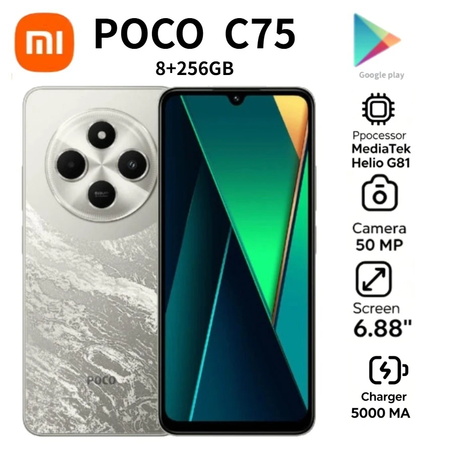 POCO C75 6.88' 120Hz Display 5160mAh Battery 50MP AI Camera 8GB+256GB Dual SIM Android Smartphone Global Unlocked 2026 Model