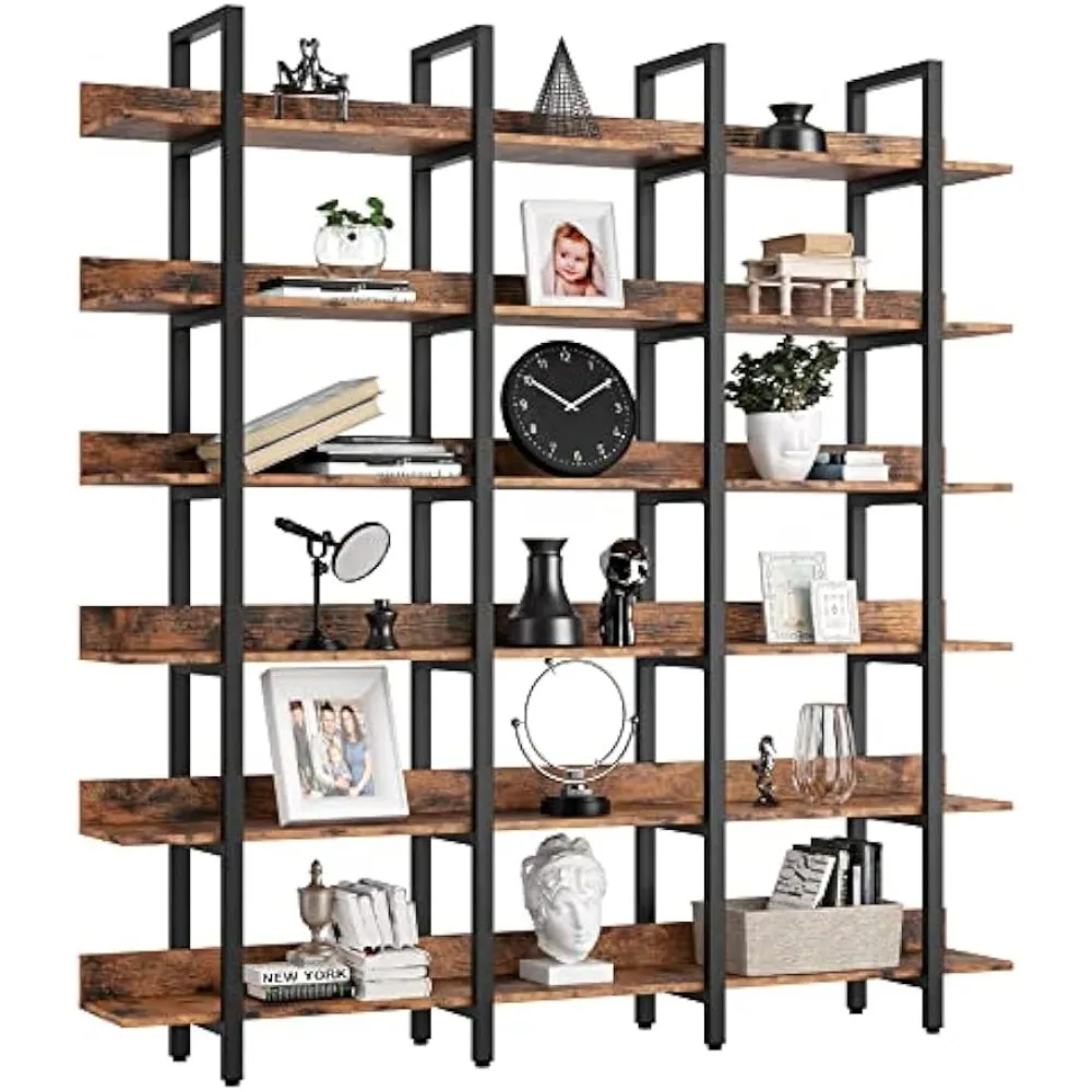 

IRONCK Bookcase and Bookshelves Triple Wide 6-Tiers Large Open Shelves, Etagere Bookcases with Back Fence for Home Office Decor,