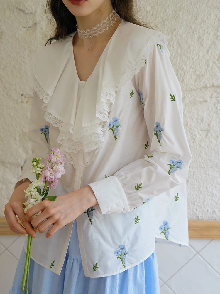

Elegant Long Sleeve Embroidered Lace Collar Doll Shirt Women's Autumn Top with Shawl Vintage Style Cotton Blend Blouse