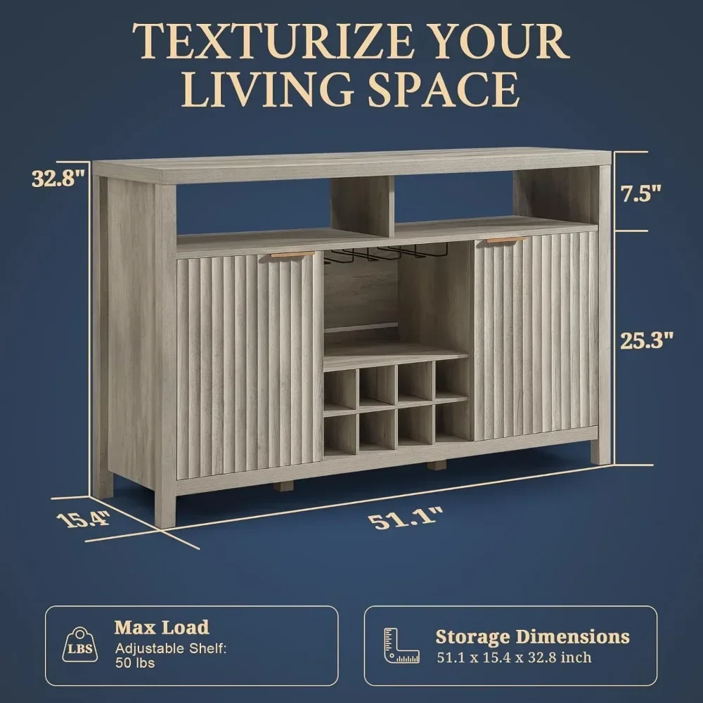 Barkasten Midden Eeuw-51 "Buffetkast Met Opslag & Wijnrek, 32.8" Hoge Drankkast Voor Keuken (Grijs Eiken)