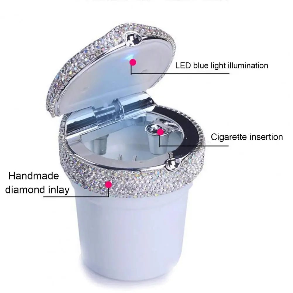 

Car Ash Holder Beautiful LED Blue Light Battery Operated Rhinestone Embedded Auto Trash Can Holder Car Interior Accessories