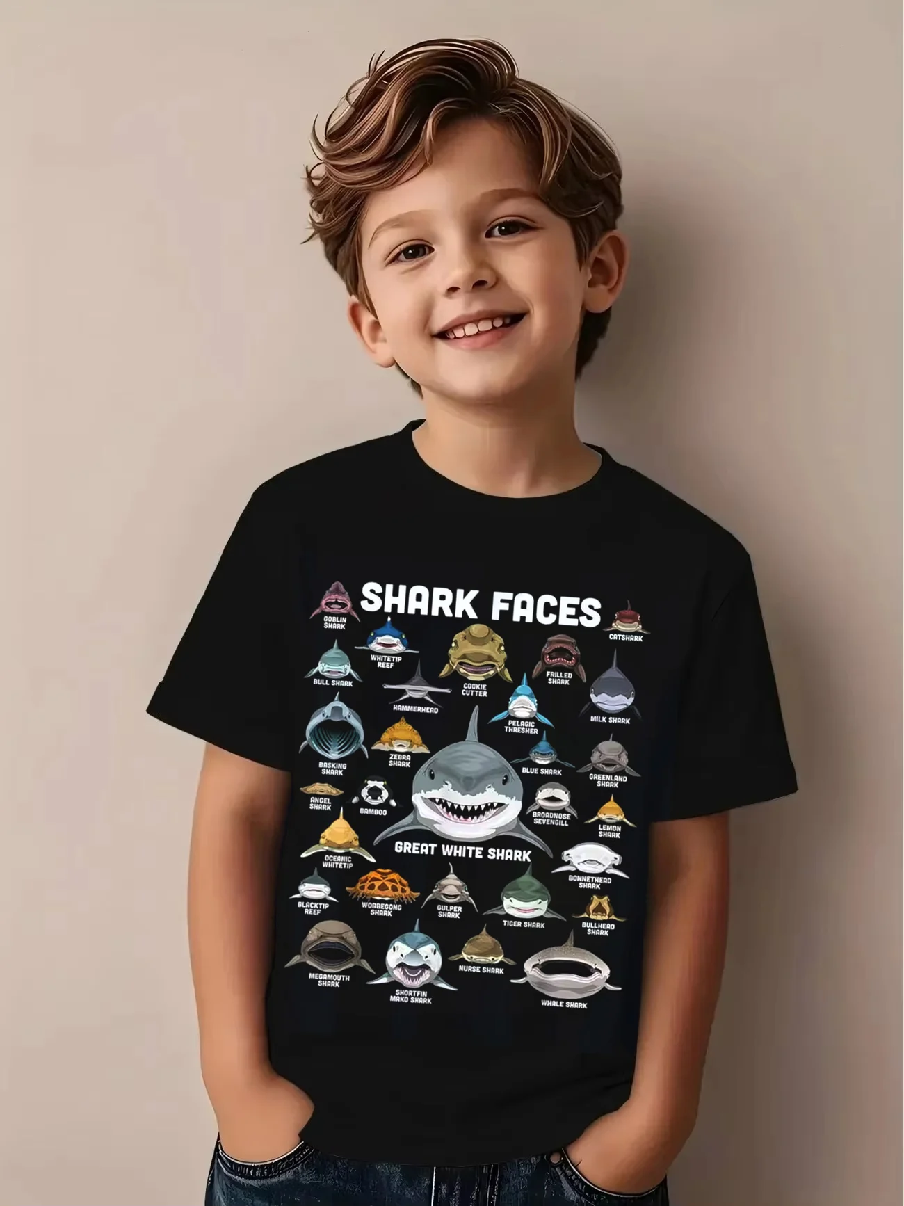 Summer Boy Girl Funny Shark Face Science T Shirt Kids Baby Youth Men Women Tee Streetwear Shark Labels Ocean Theme Graphic Top