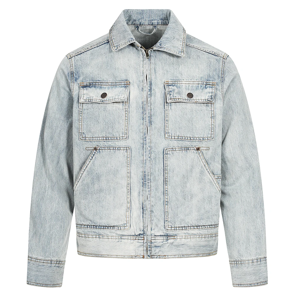 

Мужская джинсовая куртка-карго с карманами, светло-голубое потертое джинсовое пальто, повседневная верхняя одежда с воротником с лацканами и застежкой-молнией
