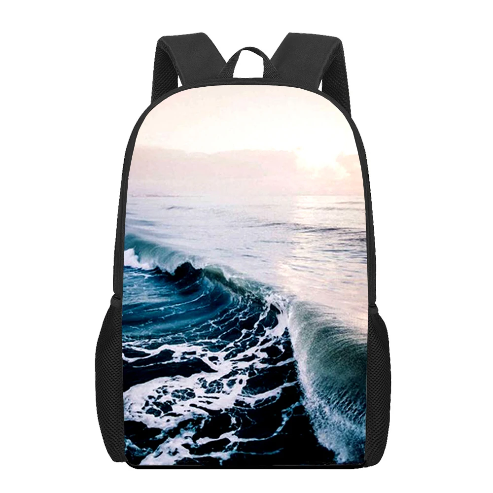 Sac à dos de livre imprimé 3D de paysage de mer de plage, sac à dos de grande capacité, sac à dos de jardin d'enfants, hommes, adolescents, garçons, 16"