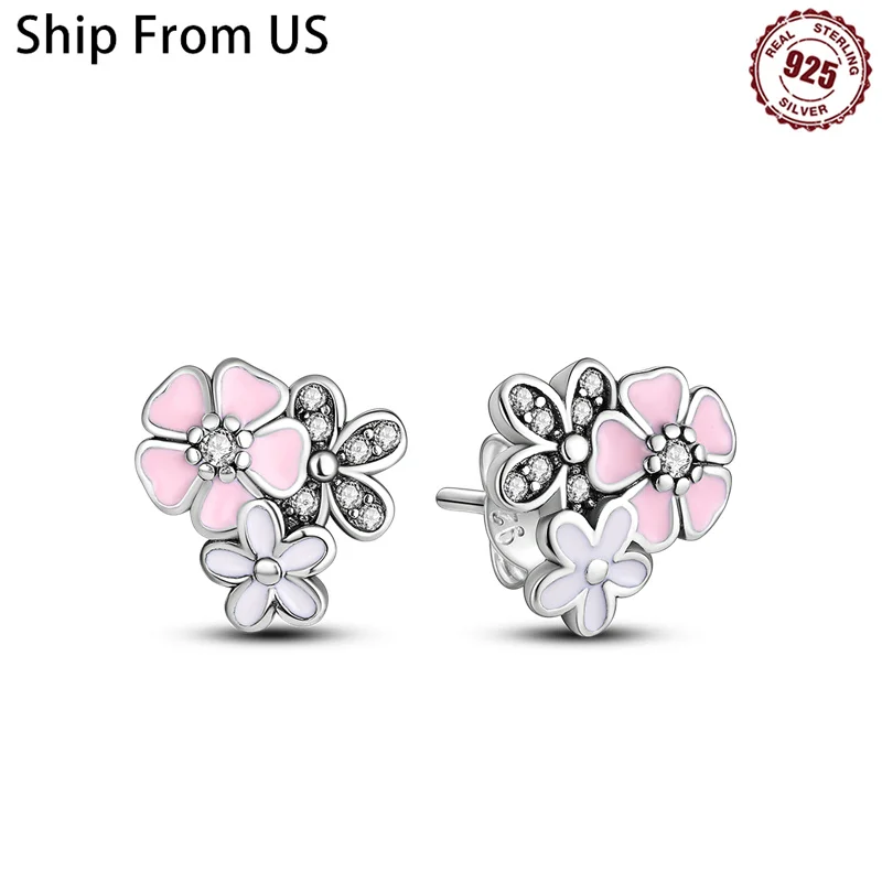 Sterling Silver 925 Daisy Flower Women Stud Earrings Fit Original Earrings Ladies Wedding Jewelry Fine Birthday Fine Gifts