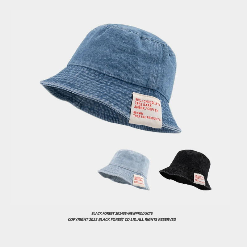 2024 New Washed Denim Blue Bucket Hats for Women Summer Sunshade Sunscreen Japanese Retro Sticker Casual Men\'s Basin Caps