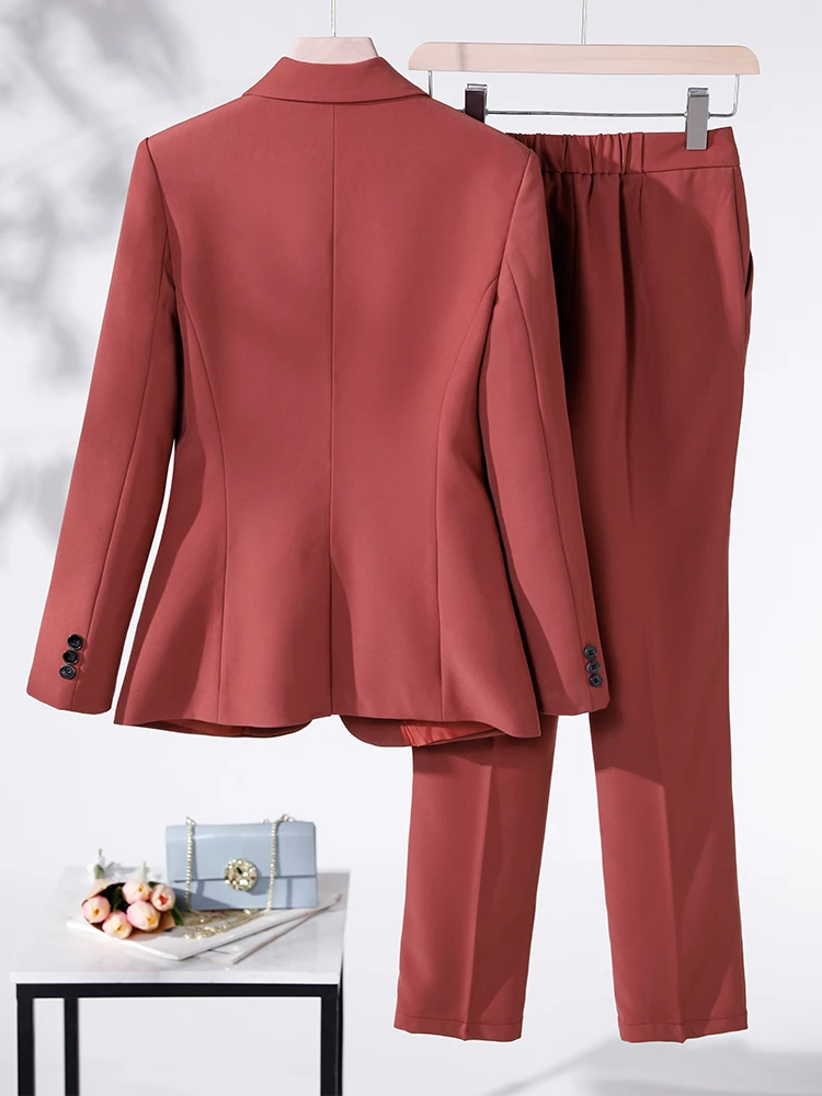 Women 2 Piece Set Formal Pant Suit Coffee Red Black Blue Blazer Jacket And Trouser For Office Ladies Business Work Wear