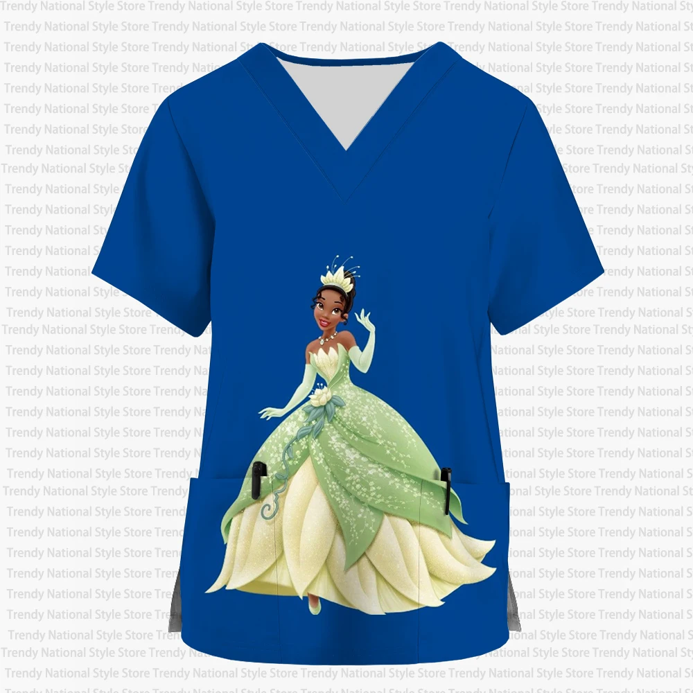Damen 2026 Neues Disney Princess Tiana Cartoon Print V-Ausschnitt Tasche Frosted Top Medizinische Krankenschwester Arbeitsuniform Schönheitssalon T-Shirt