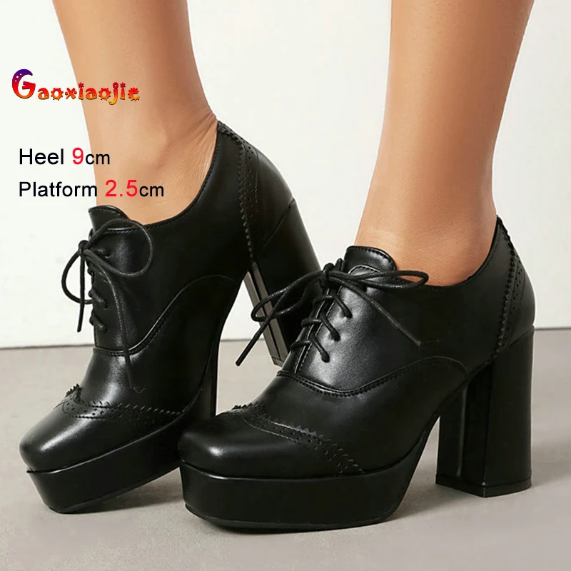 

2026 Retro Spring Autumn Black Women's Shoes Coarse High Heels 9cm Platform 2.5cm Lace Up Square Toe Ladies Pumps Party Shoes CD