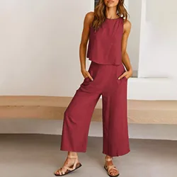 Summer Women's Solid Top Shirt 2 Piece Set Fashion O-neck Sleeveless Casual Elegant Sets 2024 New Elegant Normal Clothing