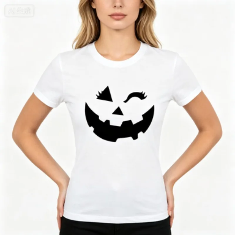 Female Slim Tshirt Sweet Winking Pumpkin Face Pattern Jack-o'-lantern Design Halloween Party Streetwear Casual Short Sleeve Top