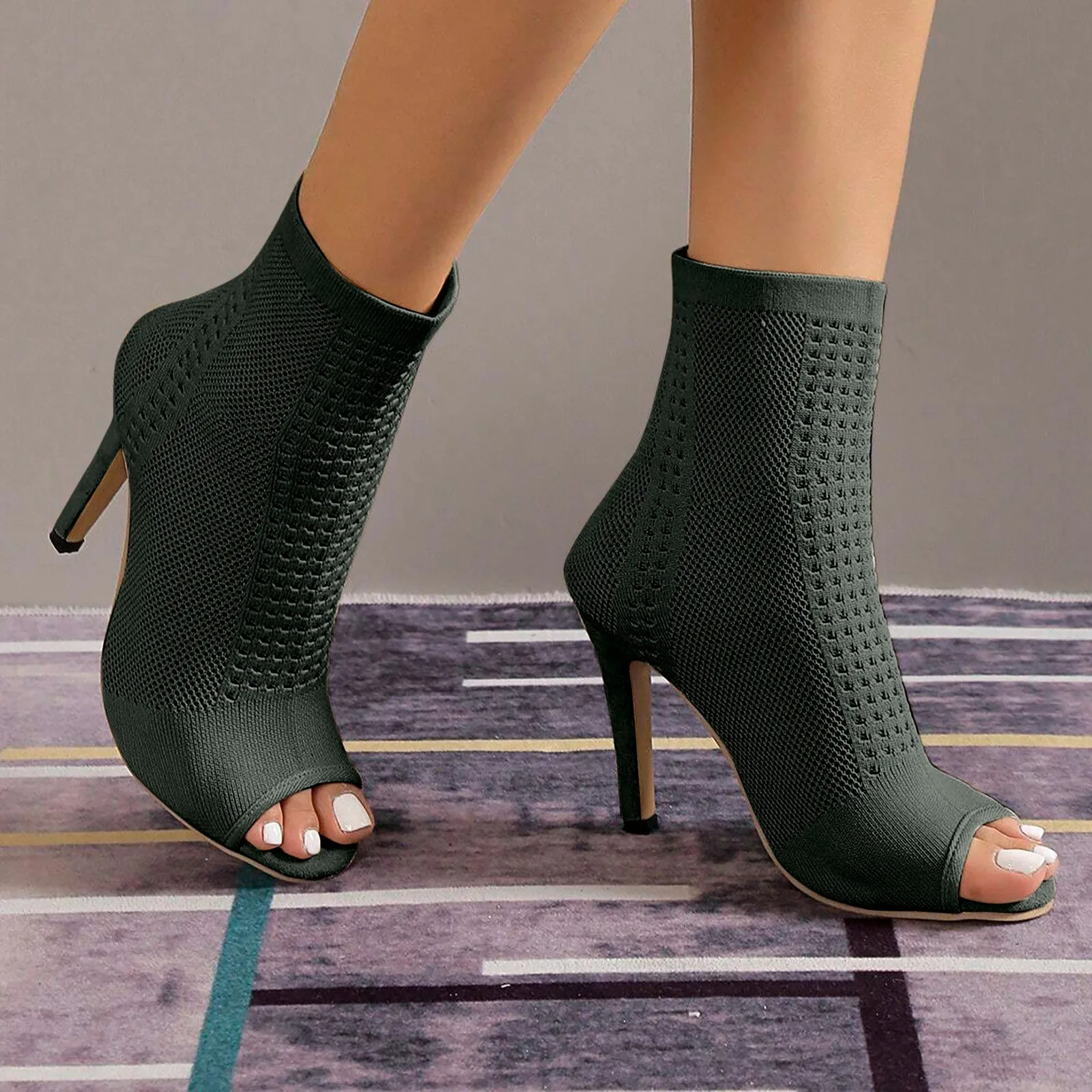 Fashion Ladies Peep Toe Stretch Fabric Knitting Ankle Boots Small Hole Hollow Out Breathable Elegant Women High Heel Dress Shoes