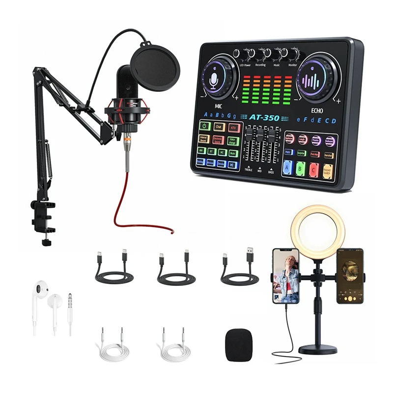 

Live Sound Card Full Set Of Equipment 48V Mobile Phone AT350 Sound Card Live Singing With K20 Microphone Sound Card Kit Durable