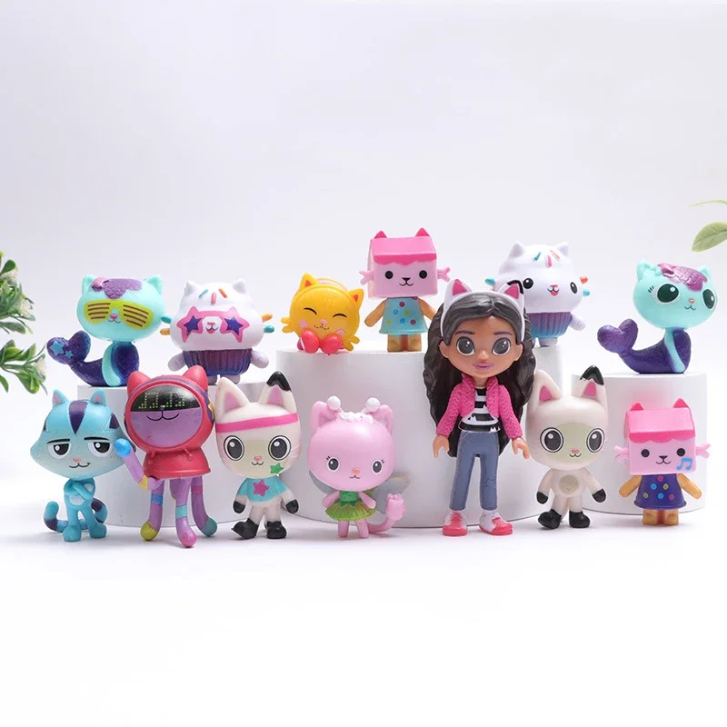 13pcs Gabby Dollhouse Anime Figure Toy Smiling Car Cat Hug Gaby Girl Dolls Mercat Cartoon Action Figure Kids Xmas Birthday Gifts